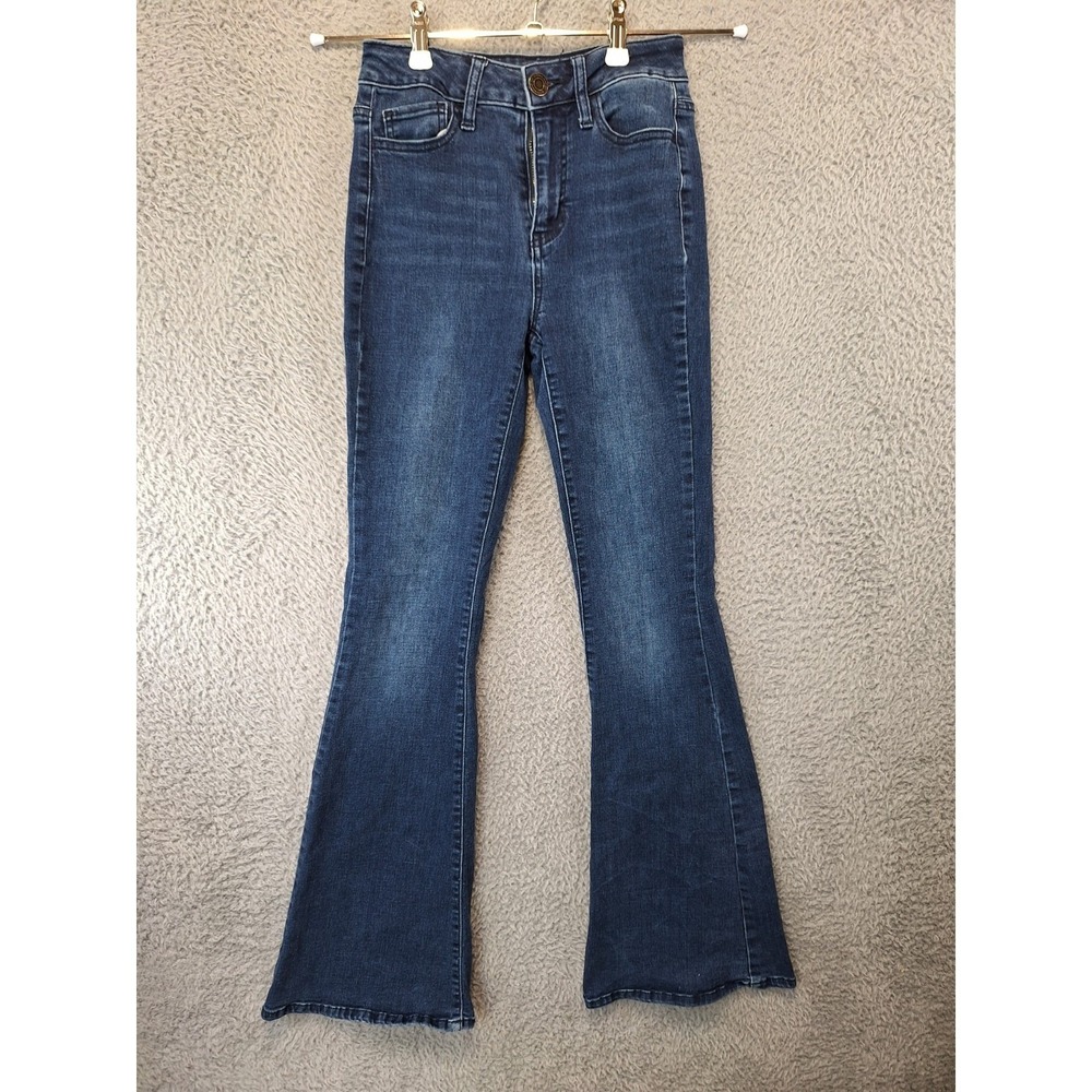 SO Flare Jeans Women's 0/24W (Fits 24x29) Blue Denim Whiskered Boho High Rise